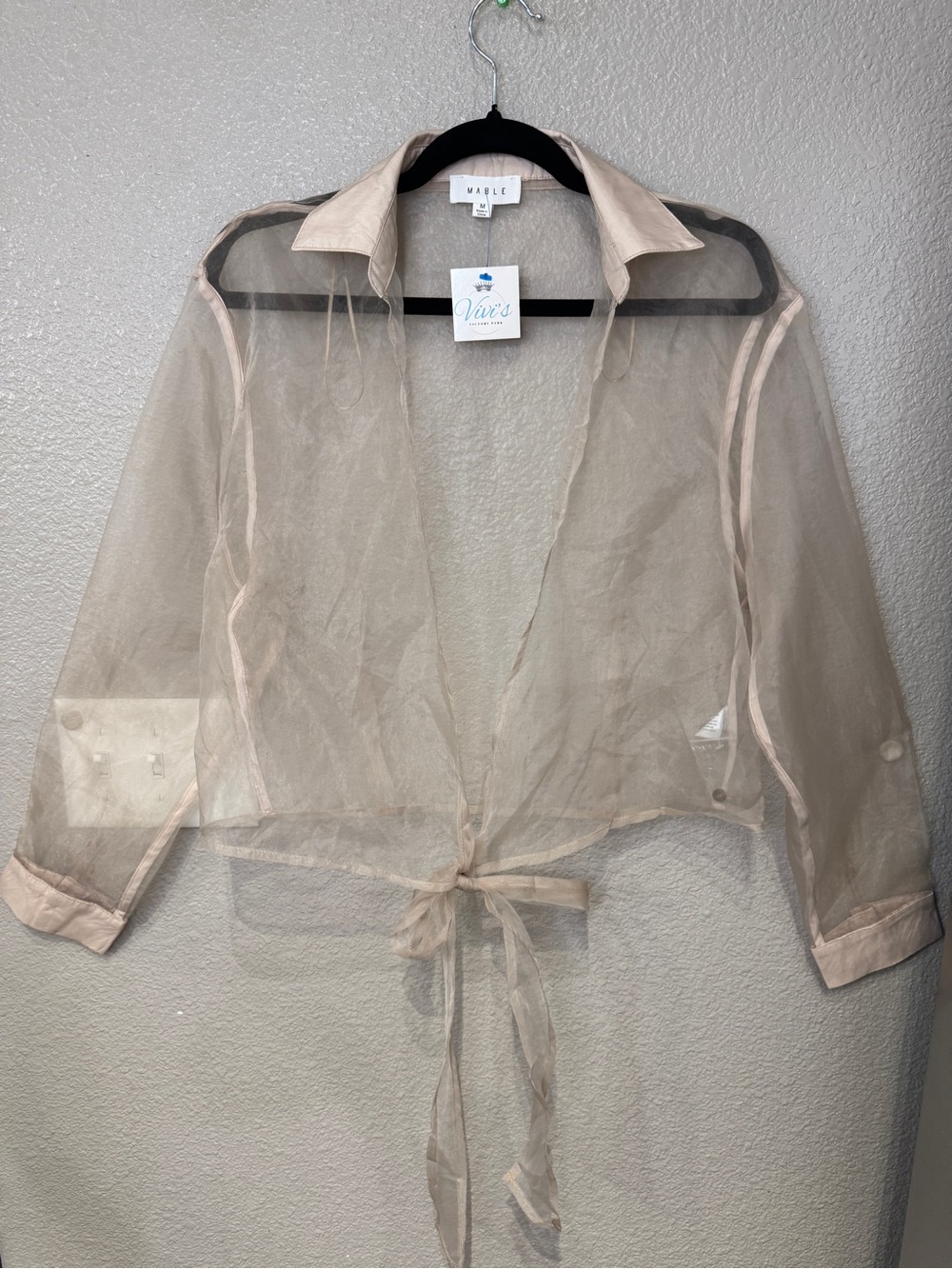 Mable Sheer Organza Tie Front Cropped Blouse Top Nude Beige Size M